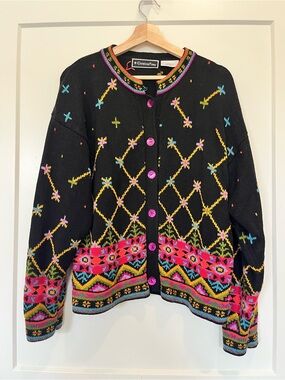 Vintage Christine Foley Black Floral Cottagecore Maximalist Cardigan sz 2 (M-L)